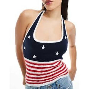 American Flag Pattern Crochet-Style Halter Top